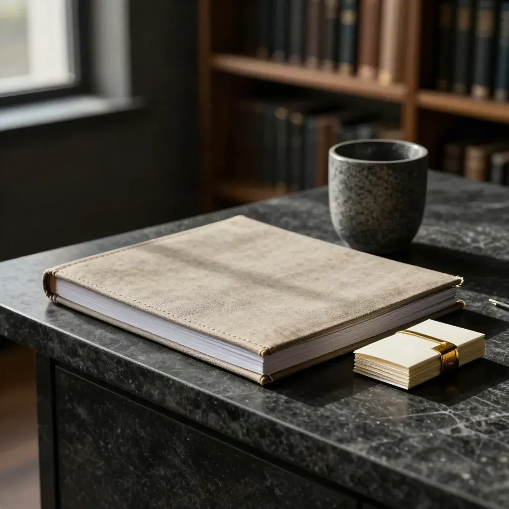 Linen finance folio, closed notebook, stone cup and paper packet on a charcoal stone surface.