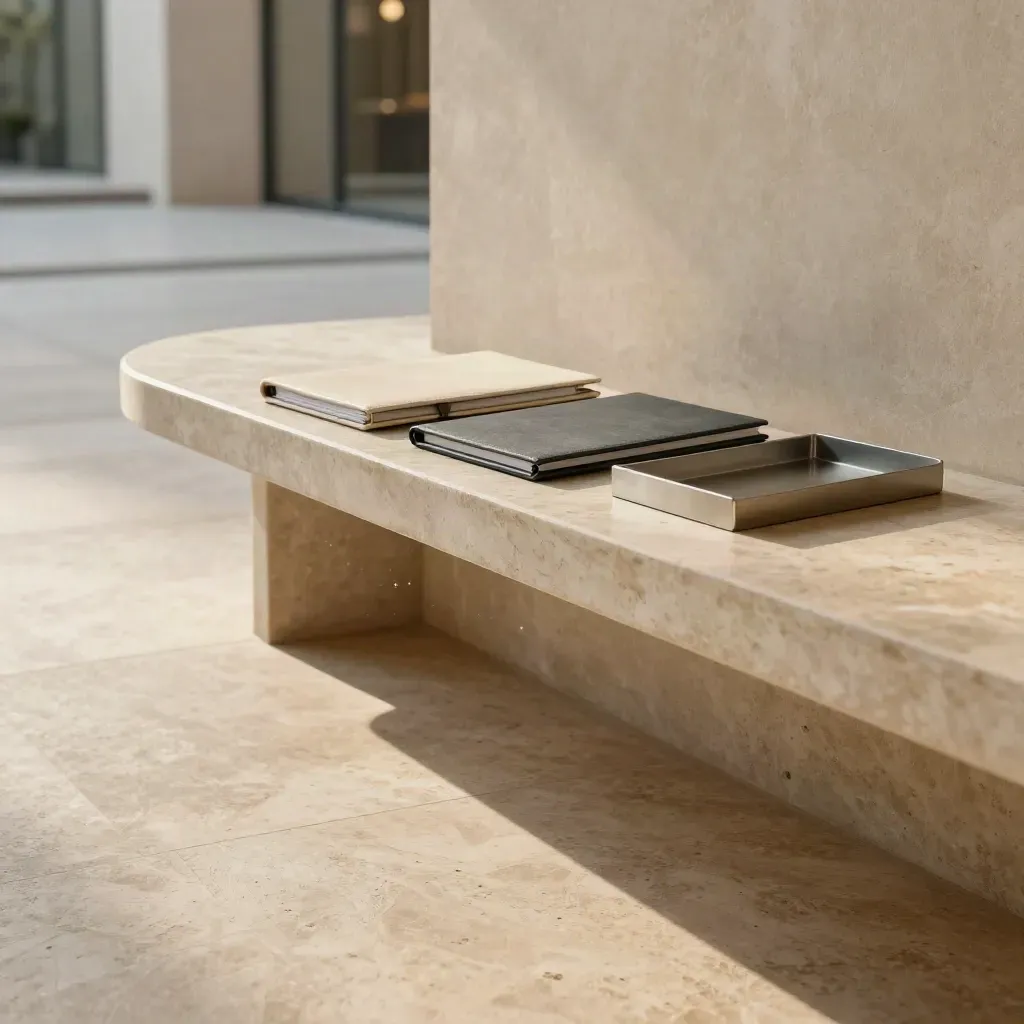 Sunlit travertine lobby terrace with stone bench, open floor, and blurred glass corridor.