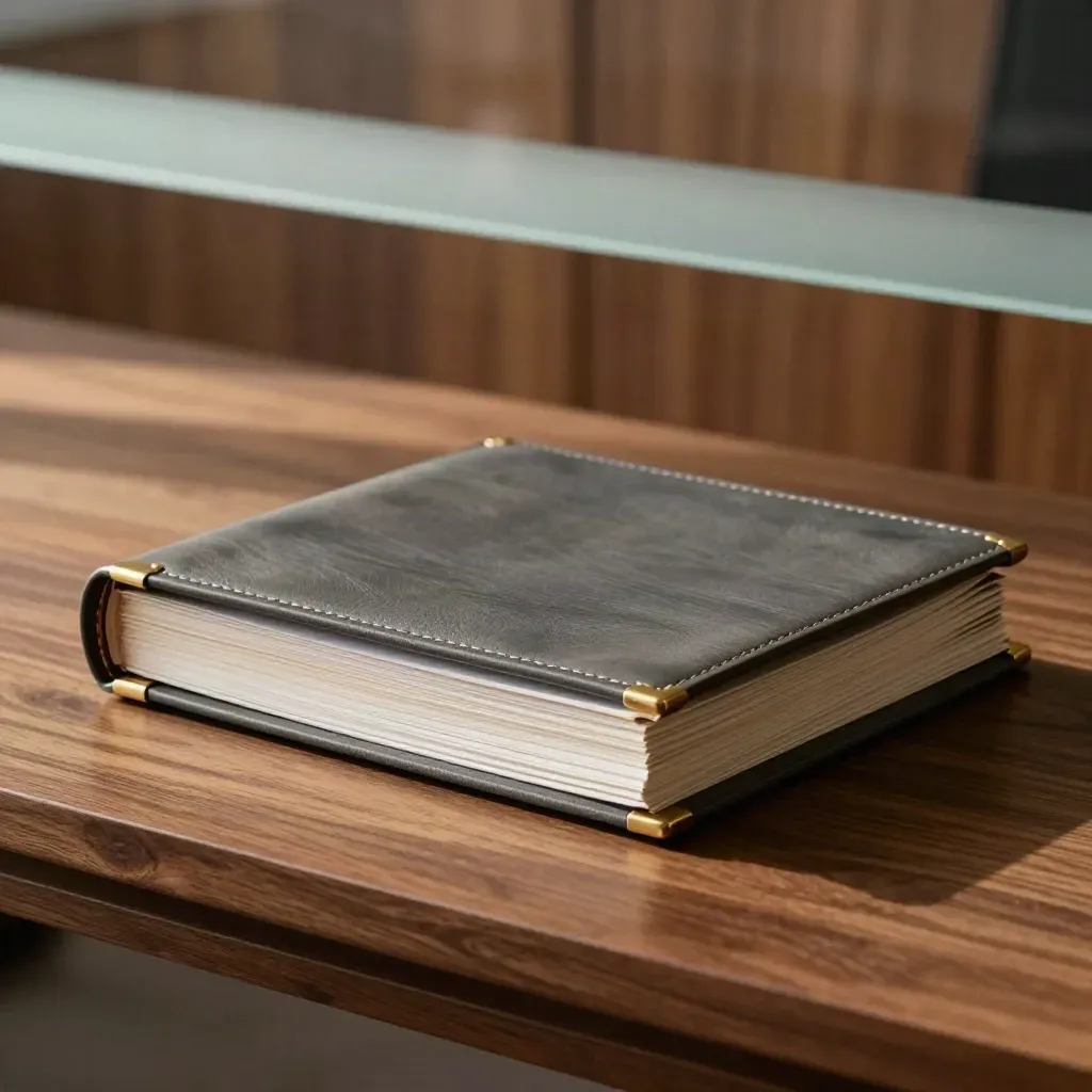 Walnut boardroom surface with a leather deal folio, slate box and frosted glass above