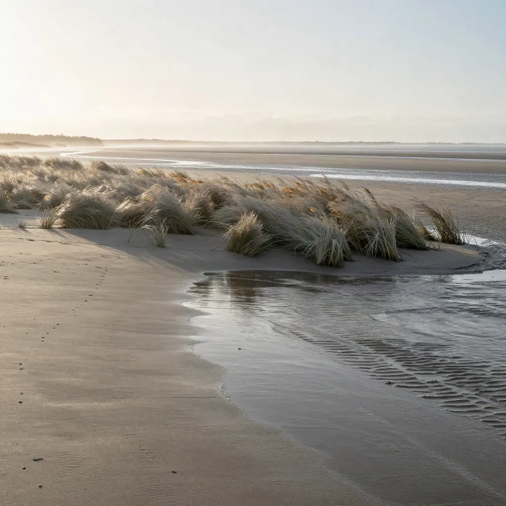 Windswept estuary bank with reeds, wet sand, tidal water, and sea mist at golden hour.