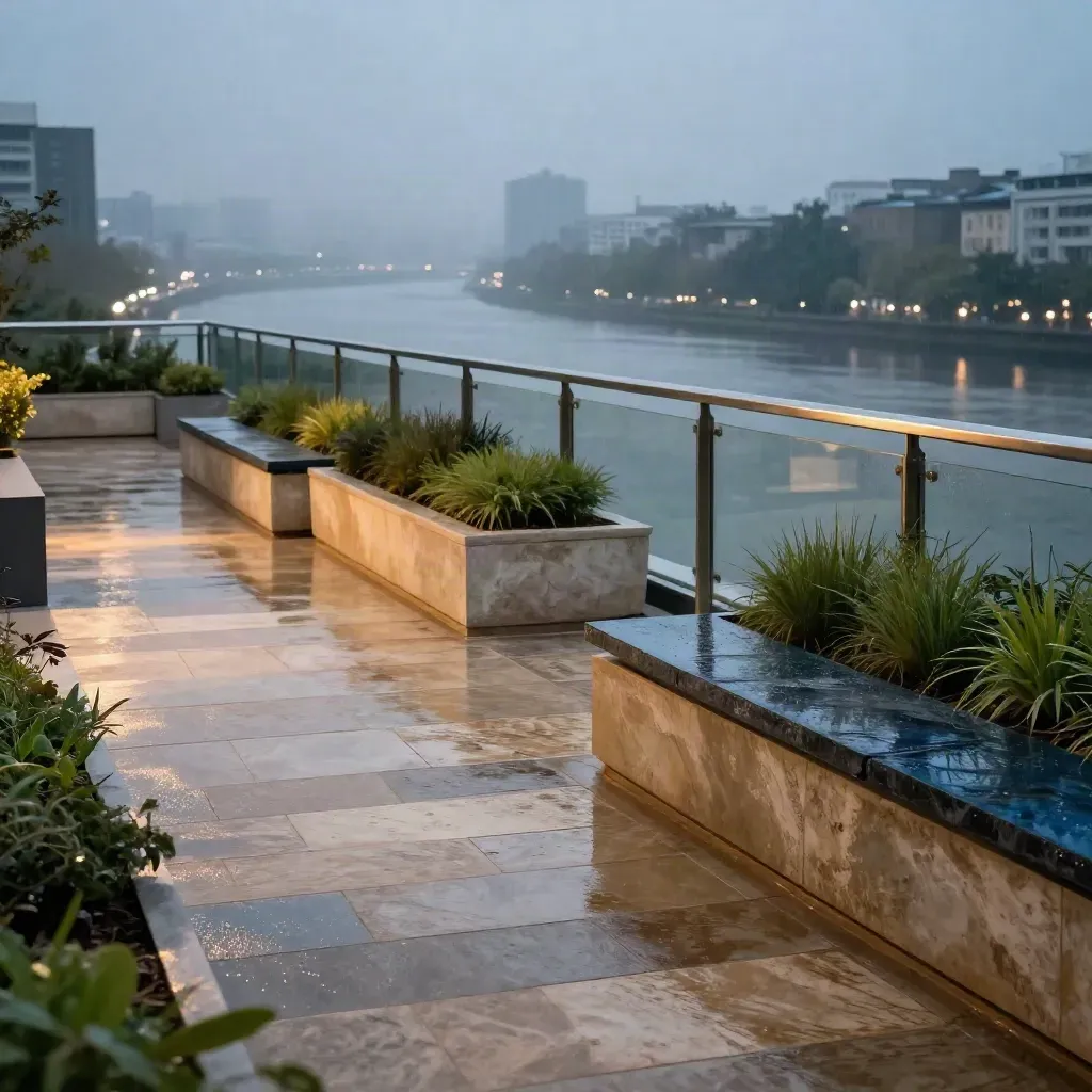 Rain-washed rooftop garden above a river city at blue hour, with wet stone and blurred towers.