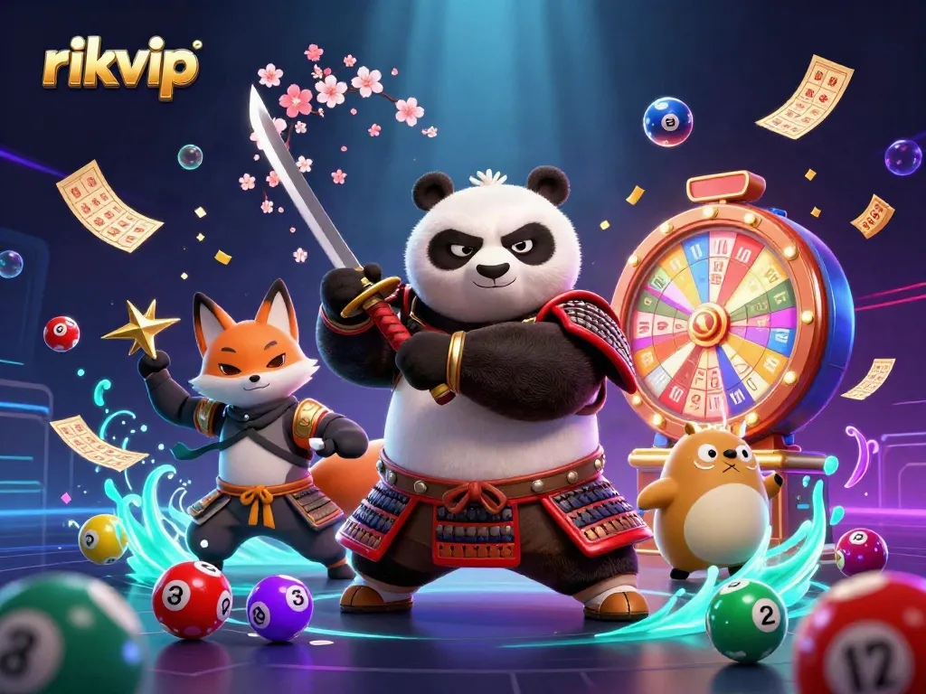 Experience exciting lottery moments with rikvip while samurai panda and ninja fox playfully engage.