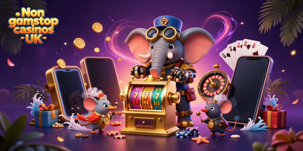 Engaging scene featuring Non gamstop casinos UK with a steampunk elephant operating a slot machine.