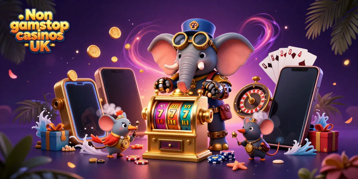 Engaging scene featuring Non gamstop casinos UK with a steampunk elephant operating a slot machine.