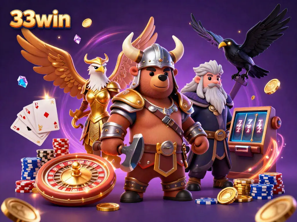 Experience the excitement of 33win with a Viking bear and Valkyrie eagle amidst flying coins and cards.