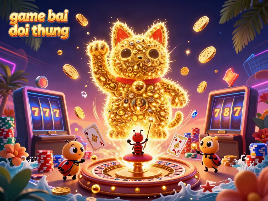 Experience dynamic game bai doi thuong action with golden fireflies forming a lucky cat amidst casino symbols