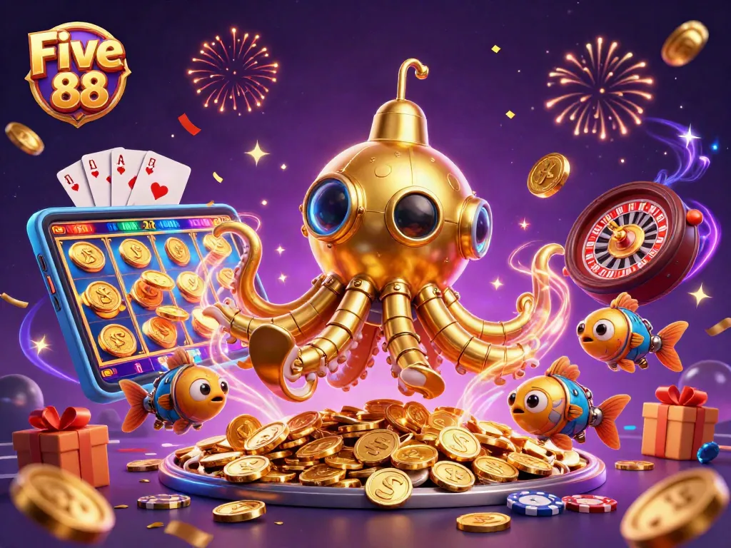 Experience explosive wins at Five 88 with a golden kraken submarine amid exciting casino elements.
