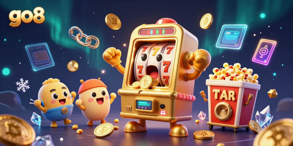 Showcase the go8 slot machine hitting a jackpot as Bitcoin and Ethereum coins scatter in this vibrant illustration.