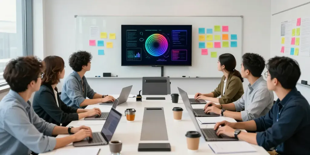 Creative team collaborating on software sponsored content UK strategies in a modern workspace.