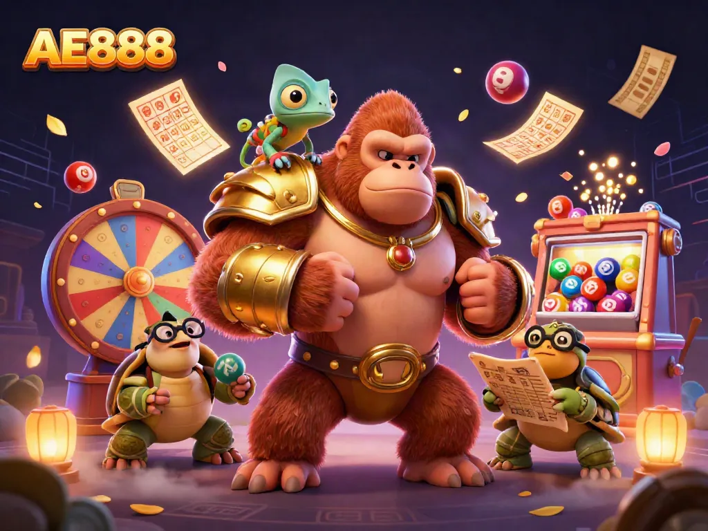 Engage with AE888 as the powerful king and companions celebrate exciting casino wins, filled with vibrant game elements.