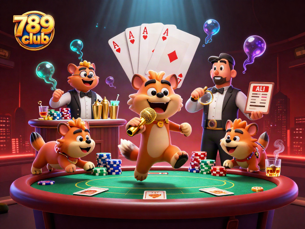 Catch the fun at 789 club with hyenas engaging in poker and comedy in a lively casino.