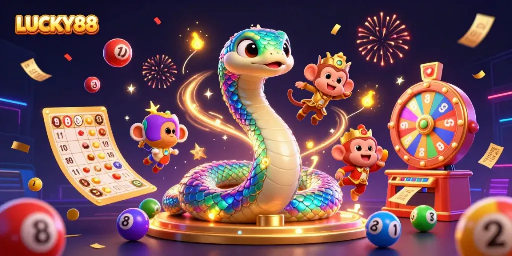 LUCKY88 vibrant illustration showcasing a playful monkey king and rainbow serpent amidst casino elements.