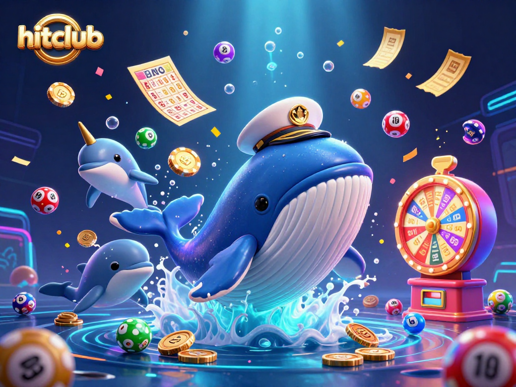Experience big wins at hitclub with a vibrant 3D illustration of a whale, narwhal, and playful dolphins.