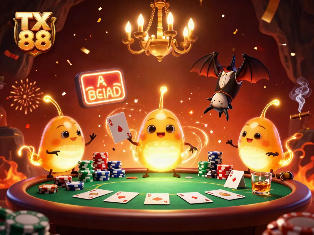 Engage in thrilling games at TX 88 poker tables with vibrant glowworms illuminating the casino.