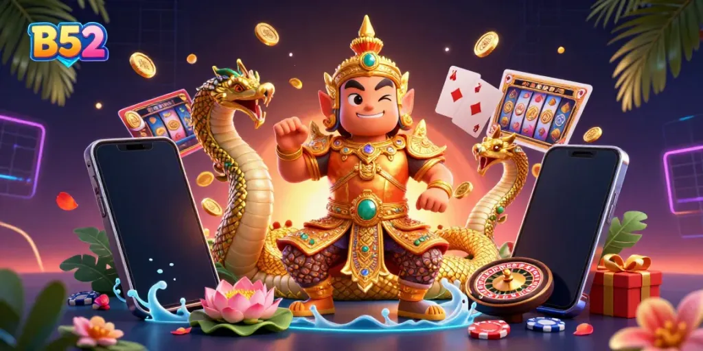 B52 offers exciting gaming with vibrant visuals and dynamic elements like slot games and poker chips.