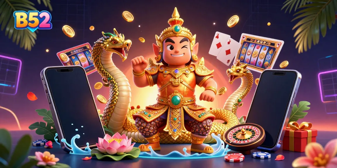 B52 offers exciting gaming with vibrant visuals and dynamic elements like slot games and poker chips.
