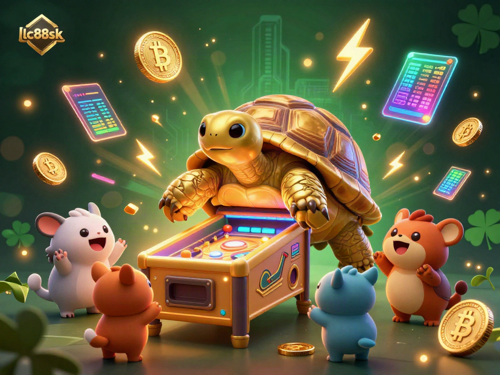 Join the fun at lc88sk with a whimsical pinball tortoise and vibrant crypto-themed casino entertainment.