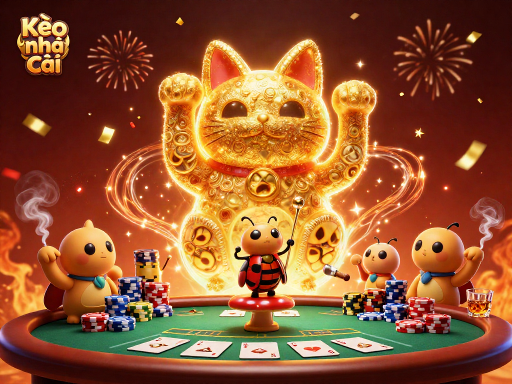 Kèo nhà cái offers thrilling poker action with an enchanting lucky cat formation and vibrant casino elements.