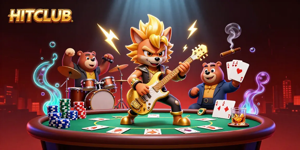 Experience HITCLUB's vibrant casino scene with a rock star wolf and wild drummer bear, surrounded by poker elements.