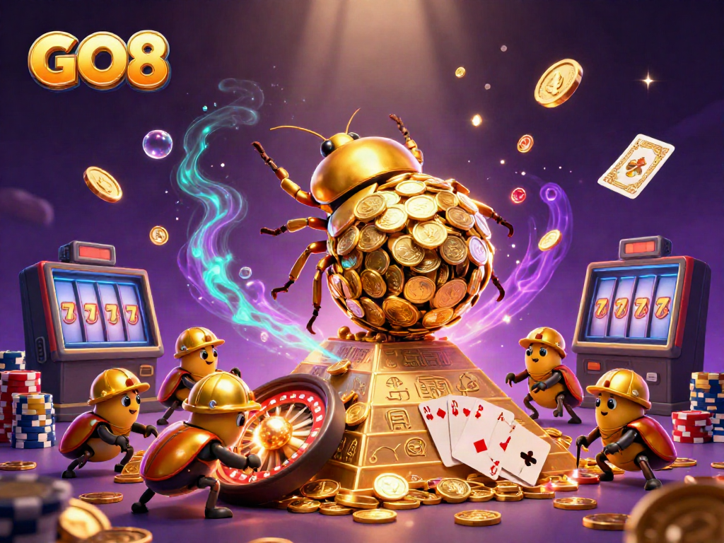 Experience the excitement of GO8 with a dazzling illustration of golden beetles and shimmering casino elements.