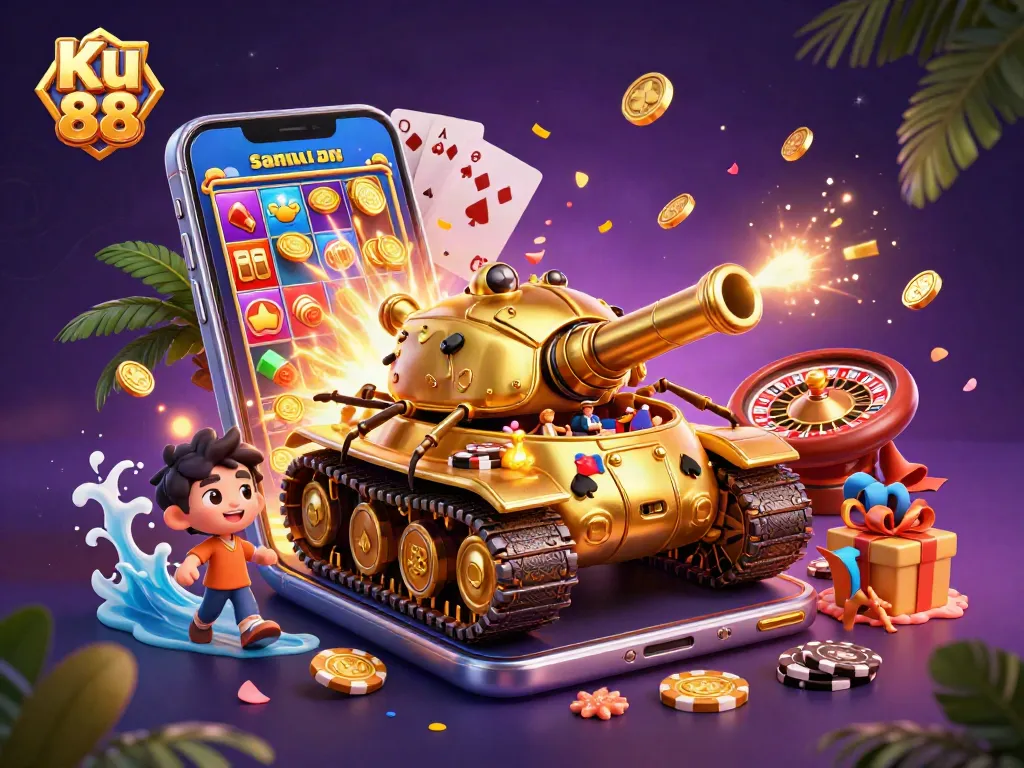Experience Ku 88's thrilling casino adventure in a vibrant, dynamic 3D scene filled with excitement and winnings.