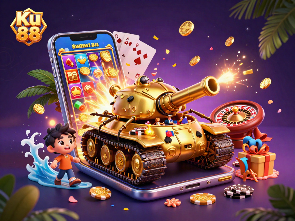 Experience Ku 88's thrilling casino adventure in a vibrant, dynamic 3D scene filled with excitement and winnings.