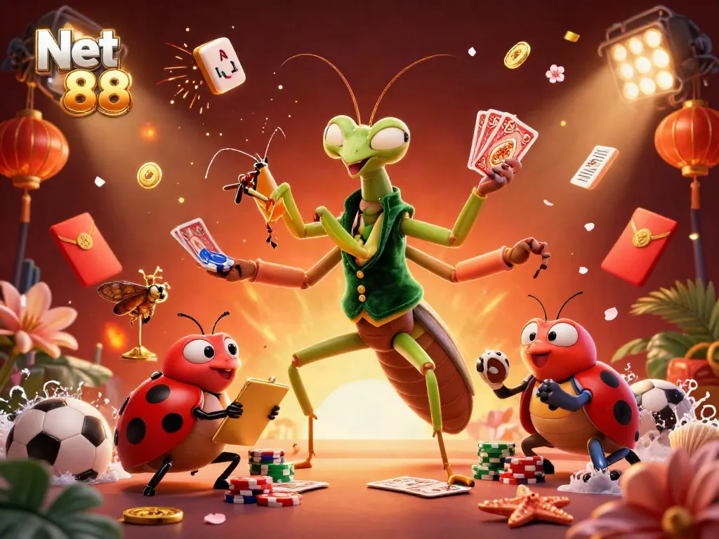 Engaging scene showcasing Net 88 with a giant mantis dealing cards and sports betting elements.