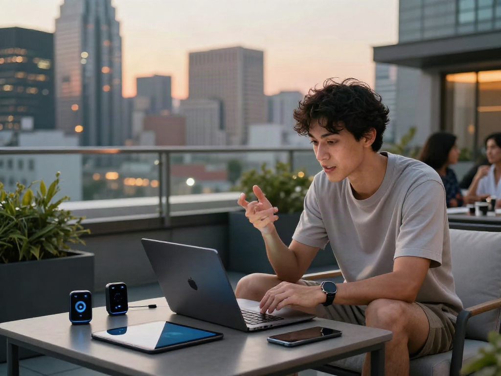 Engaging nsfw ai chat on a laptop in a casual urban rooftop setting with sunset lighting.