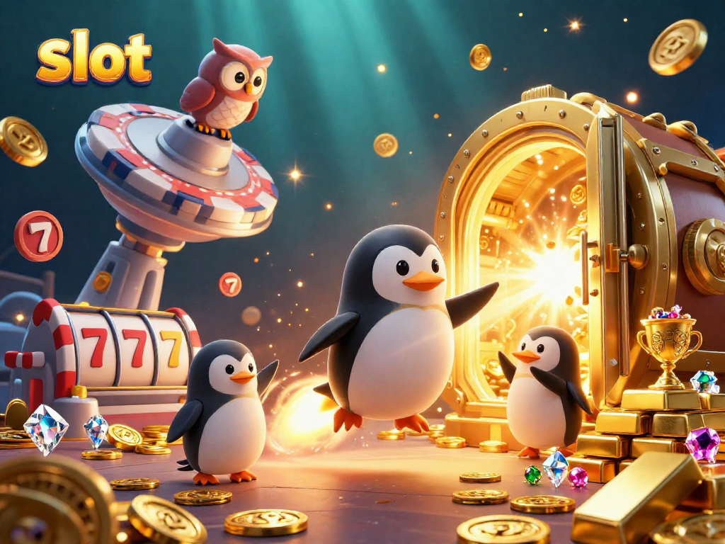Spin the slot reels with a golden rocket-powered penguin amidst treasures and jackpots.