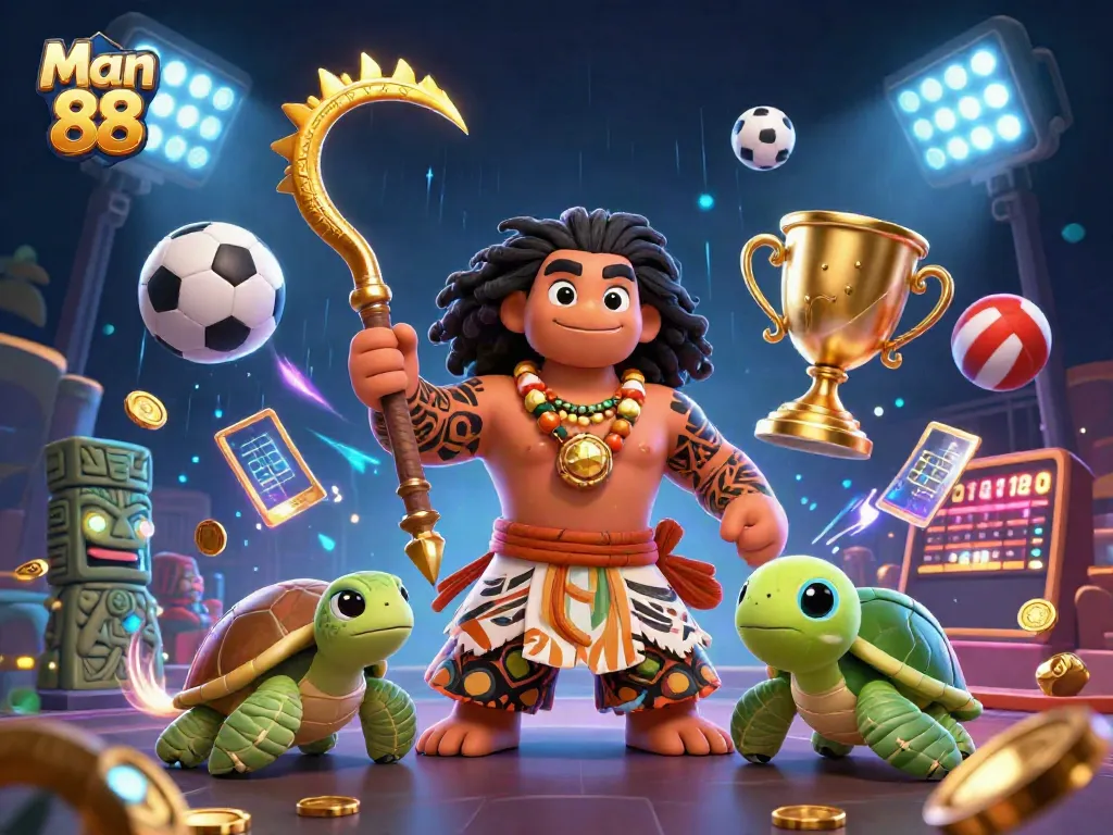 Experience the thrill of betting at Man 88 with a vibrant 3D illustration of a demigod and games.