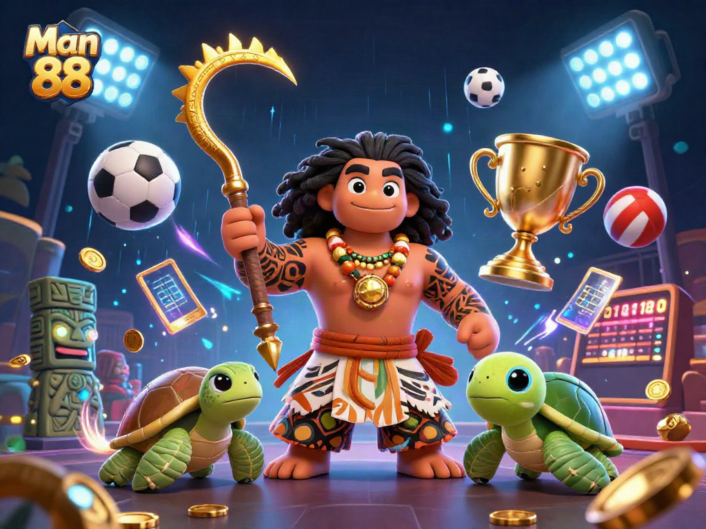 Experience the thrill of betting at Man 88 with a vibrant 3D illustration of a demigod and games.