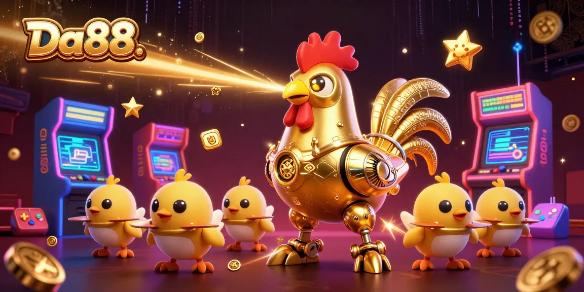 Engage with Da88.'s thrilling gaming experience featuring a golden rooster robot and arcade machines.