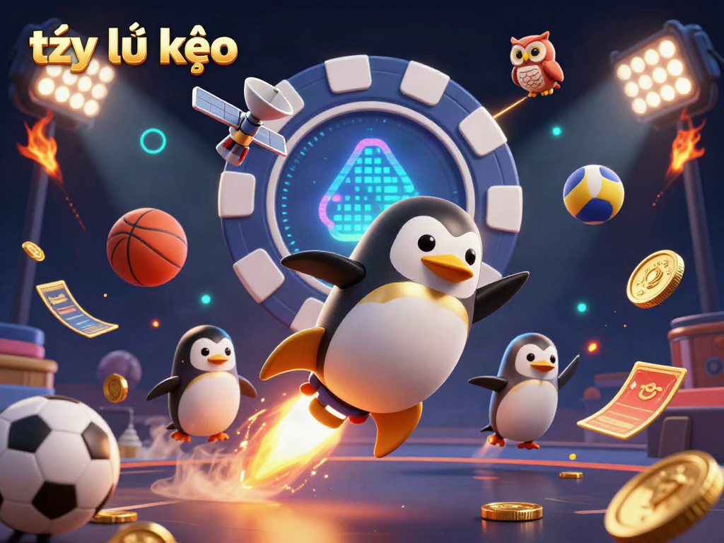 Experience the thrilling action of betting with tỷ lệ kèo, featuring a golden penguin soaring toward a casino space station.