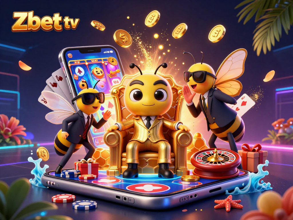 Zbet tv showcases a vibrant illustration of a cartoon bumblebee mob boss in a casino setting, surrounded by gaming elements.