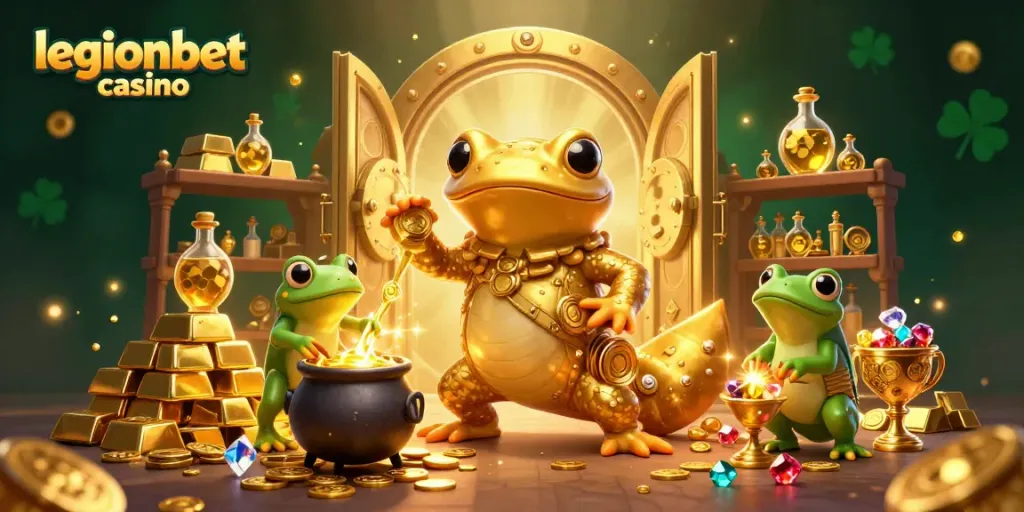 Spin and win at legionbet casino with vibrant alchemist-themed illustration filled with gold and treasures.
