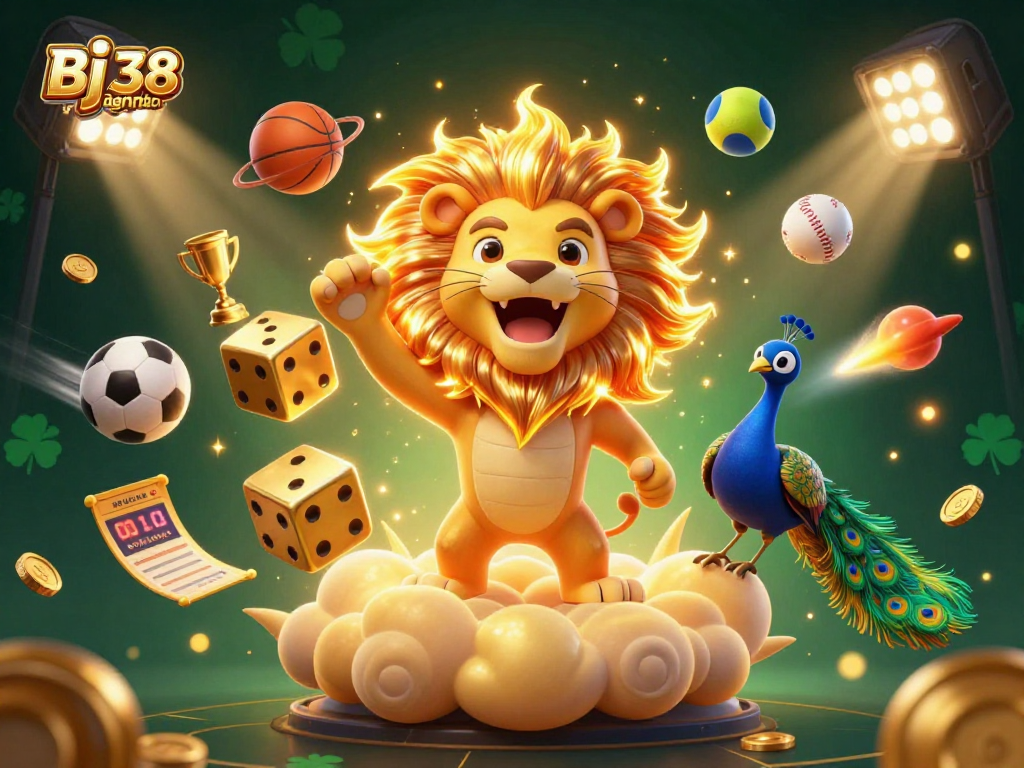 Bj 38 đăng nhập showcases exciting sports betting action, featuring golden dice, a triumphant lion, and dynamic sports elements.