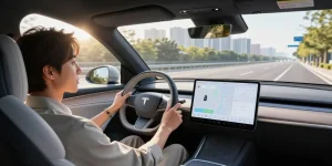 Experience autonomous driving in a sleek self-driving car with advanced technology and a modern interior design.