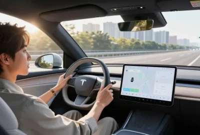 Experience autonomous driving in a sleek self-driving car with advanced technology and a modern interior design.