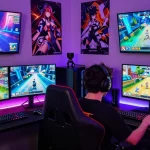 Intense player immersed in an exciting hentai game online setup with vibrant visuals and modern gaming gear.