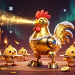 Experience thrilling bets with bj388's unique golden rooster robot in an energetic casino scene.