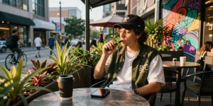 Person using weed pens at a trendy café, showcasing urban lifestyle.