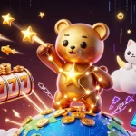 Experience fabet's thrilling slots with a cosmic bear and glowing cryptocurrency details.