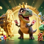 read more here on engaging gambling illustrations featuring a T-Rex card shuffling with a pterodactyl assistant and a baby triceratops stacking chips