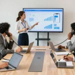 Team collaborating with business phones in a modern office during a strategy meeting.