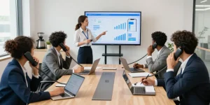 Team collaborating with business phones in a modern office during a strategy meeting.