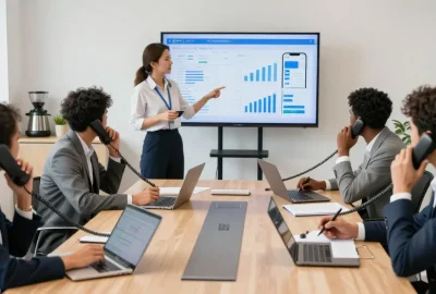 Team collaborating with business phones in a modern office during a strategy meeting.