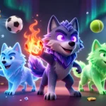 Sbobet sports betting scene featuring dynamic cartoon wolves and vibrant sports elements.
