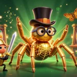 Dhani win game illustration featuring a golden tarantula and beetle knight among slot reels and jackpot symbols.