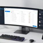 IPTV reseller panel dashboard in a modern workspace, showcasing cloud computing and digital management.