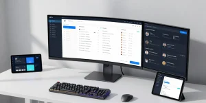 IPTV reseller panel dashboard in a modern workspace, showcasing cloud computing and digital management.